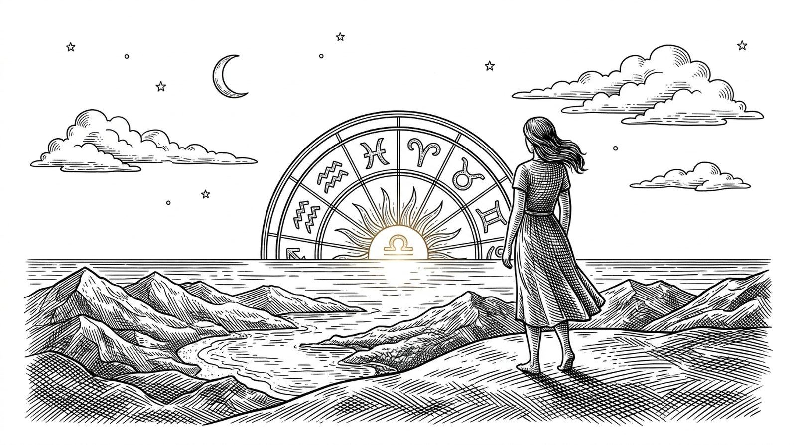 Engraving of a woman on a hill at dawn watching a zodiac wheel rise over the horizon